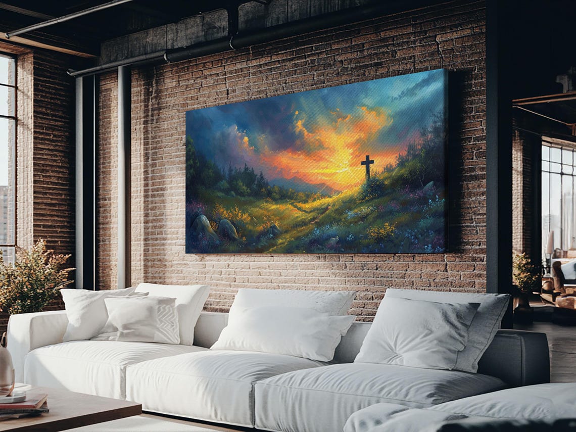 Christian Cross On Hill Sunset Meadow Oil Painting Faith Print - Image 2