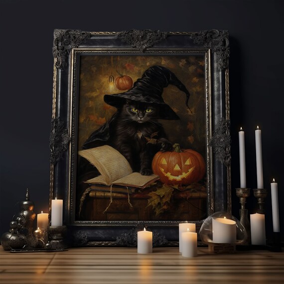 Black Cat In Witch Hat With Spell Book And Jack O Lantern Poster