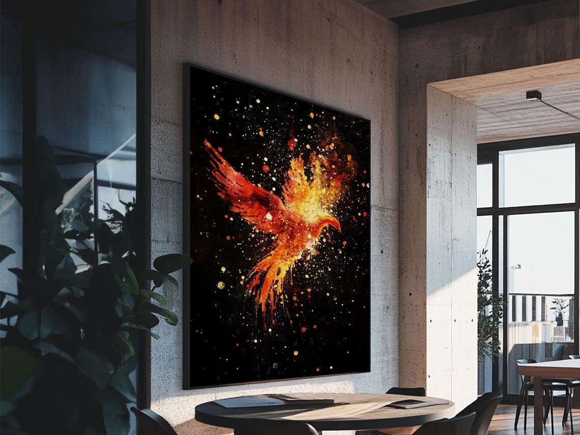 Phoenix Rising From Flames And Sparks On Black Fantasy Print - Image 6
