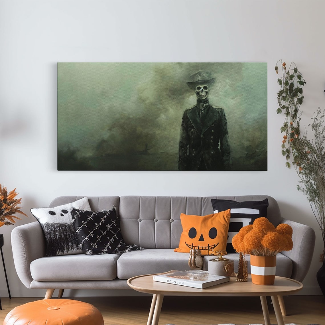 Dapper Skeleton In Suit Standing In Green Fog Dark Academia Print