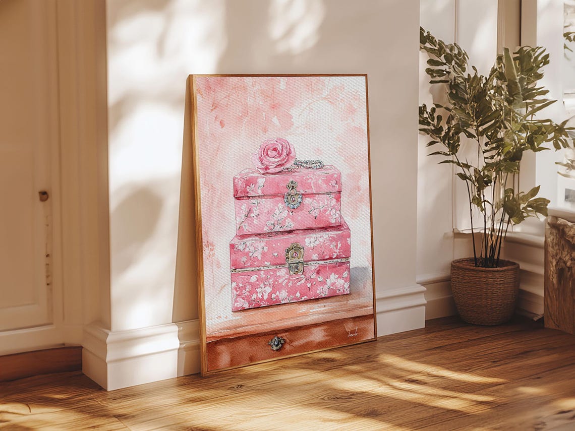 Pink Floral Jewelry Boxes Watercolor Vanity Bedroom Art Print - Image 3