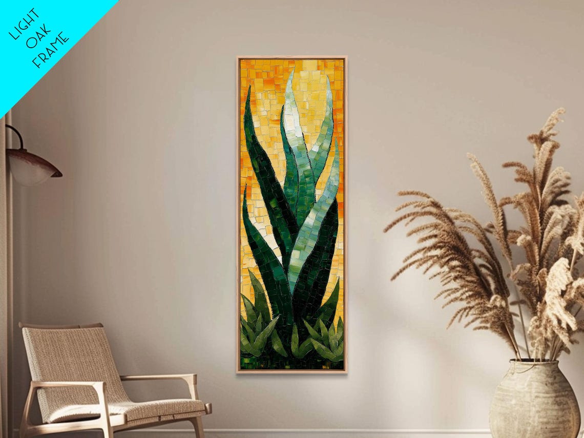 Mosaic Agave Plant Green Leaves On Golden Tile Vertical Art Poster - Image 4