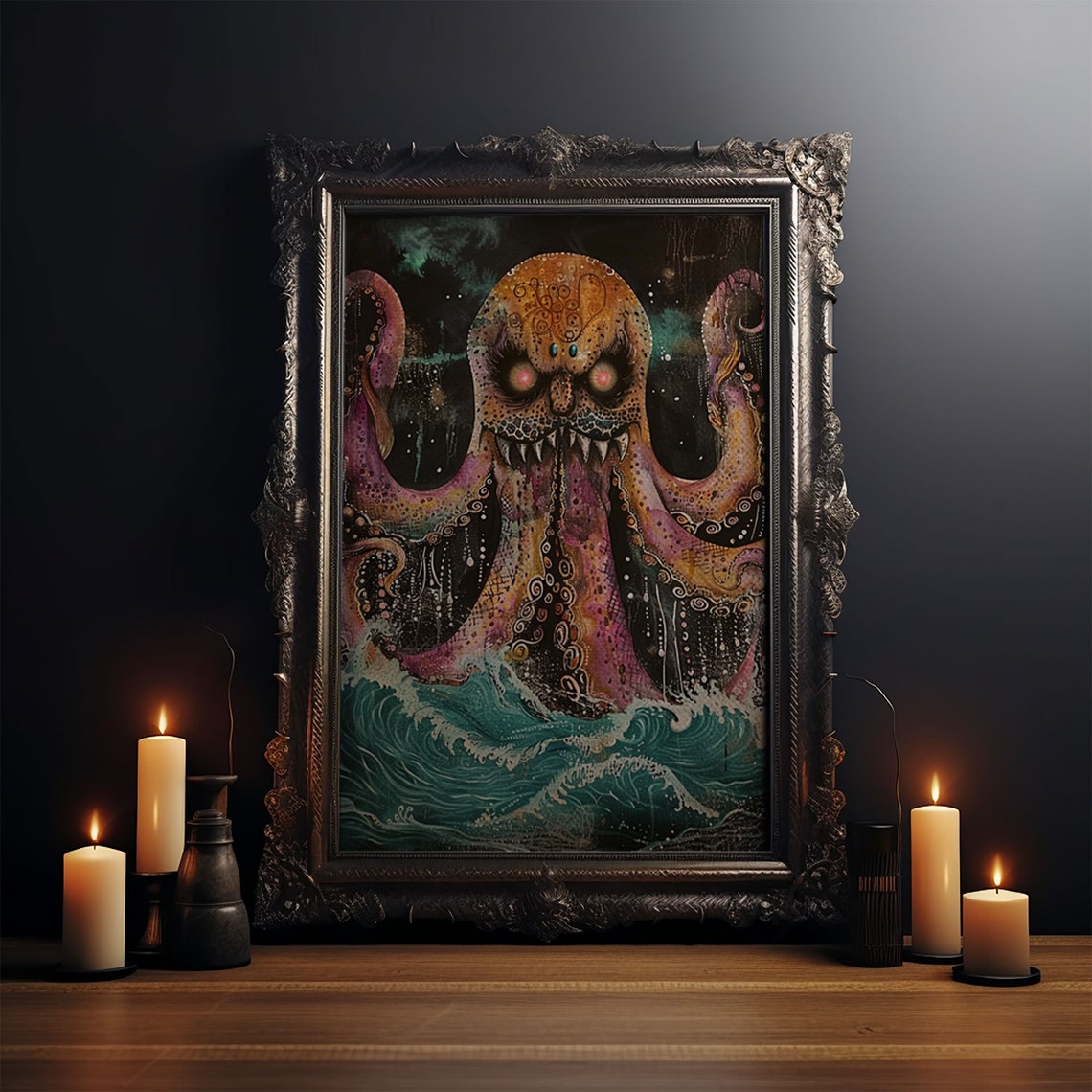 Giant Octopus Sea Monster Glowing Eyes Teal Waves Art Poster - Image 3