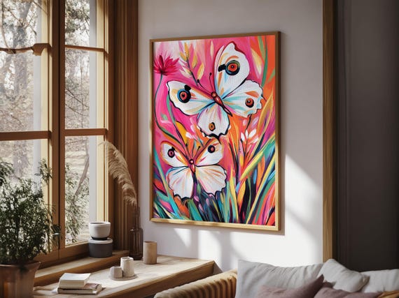 Abstract Painting Print Of White Butterflies On Pink Background Home Decor Preppty Wall Art Framed Print