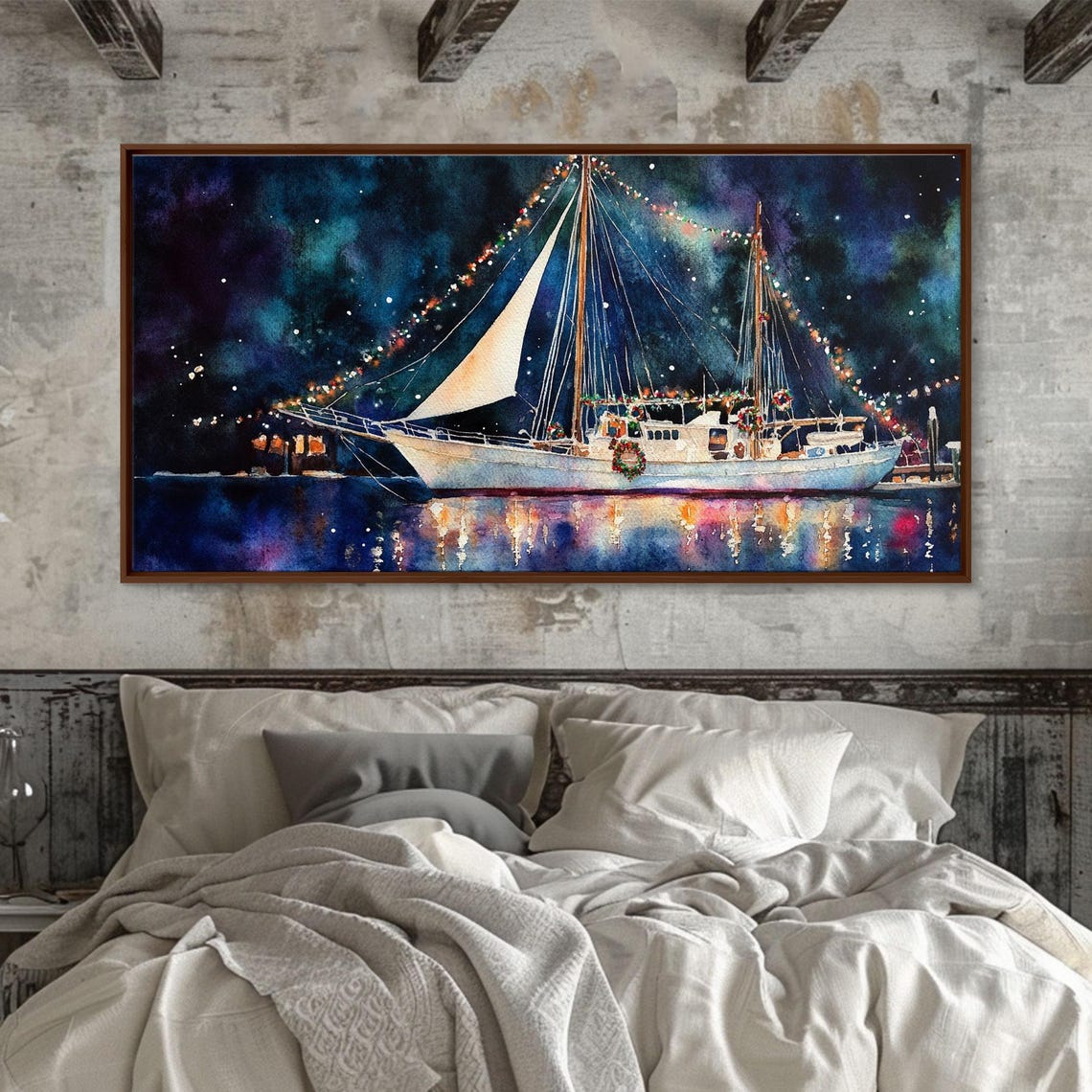 Christmas Sailboat With Holiday Lights Night Harbor Art Print - Image 6