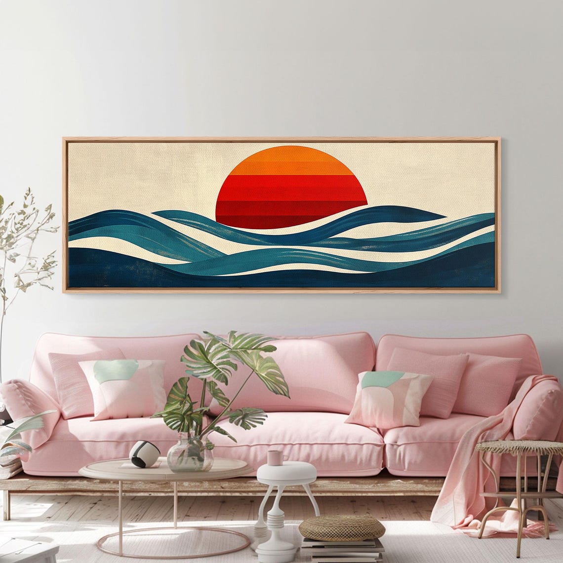 Retro Sunset Over Ocean Waves Teal Navy Vintage Style Travel Poster - Image 2