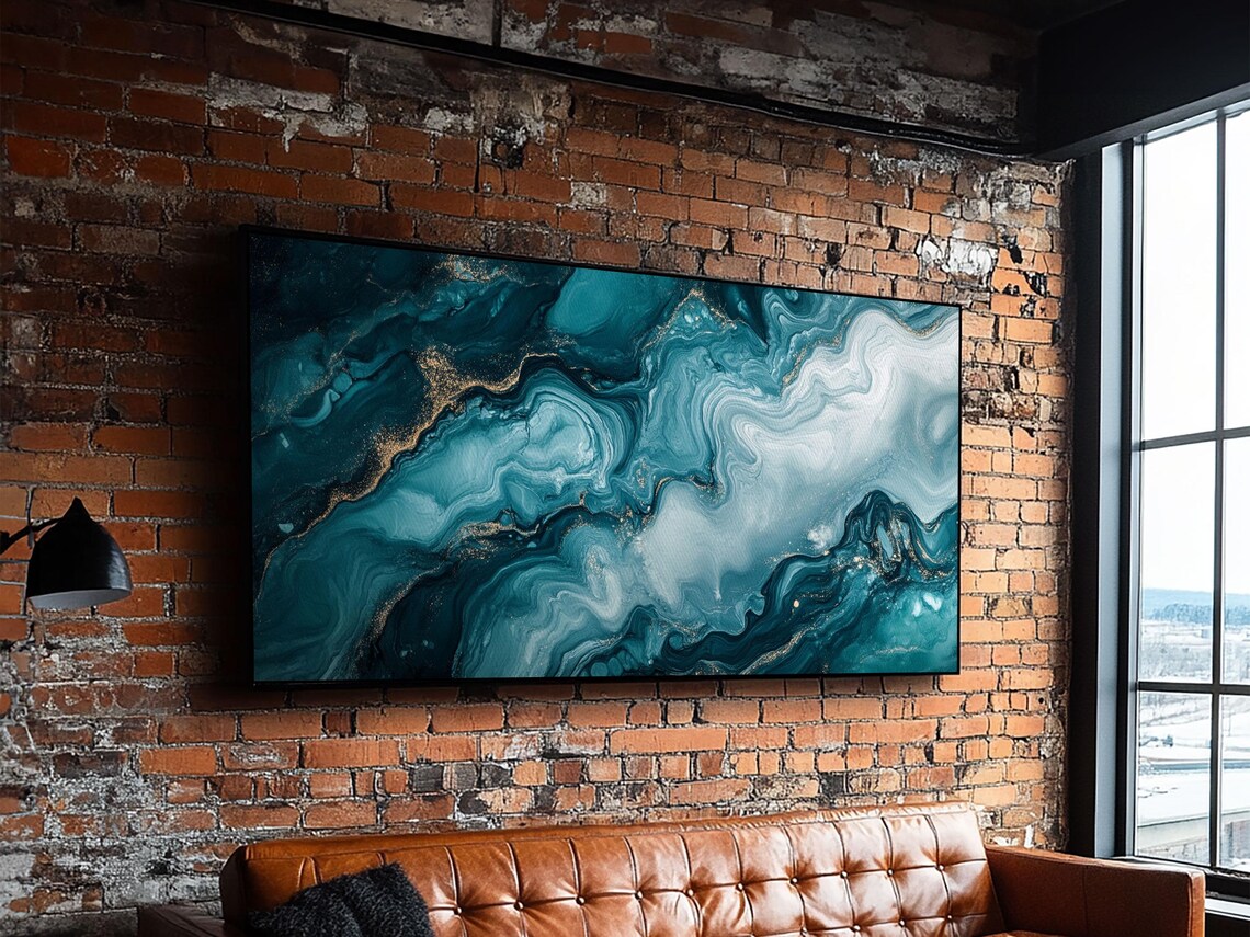 Teal Marble Fluid Abstract Gold Vein Coastal Moody Living Room Wall Art Print - Image 3