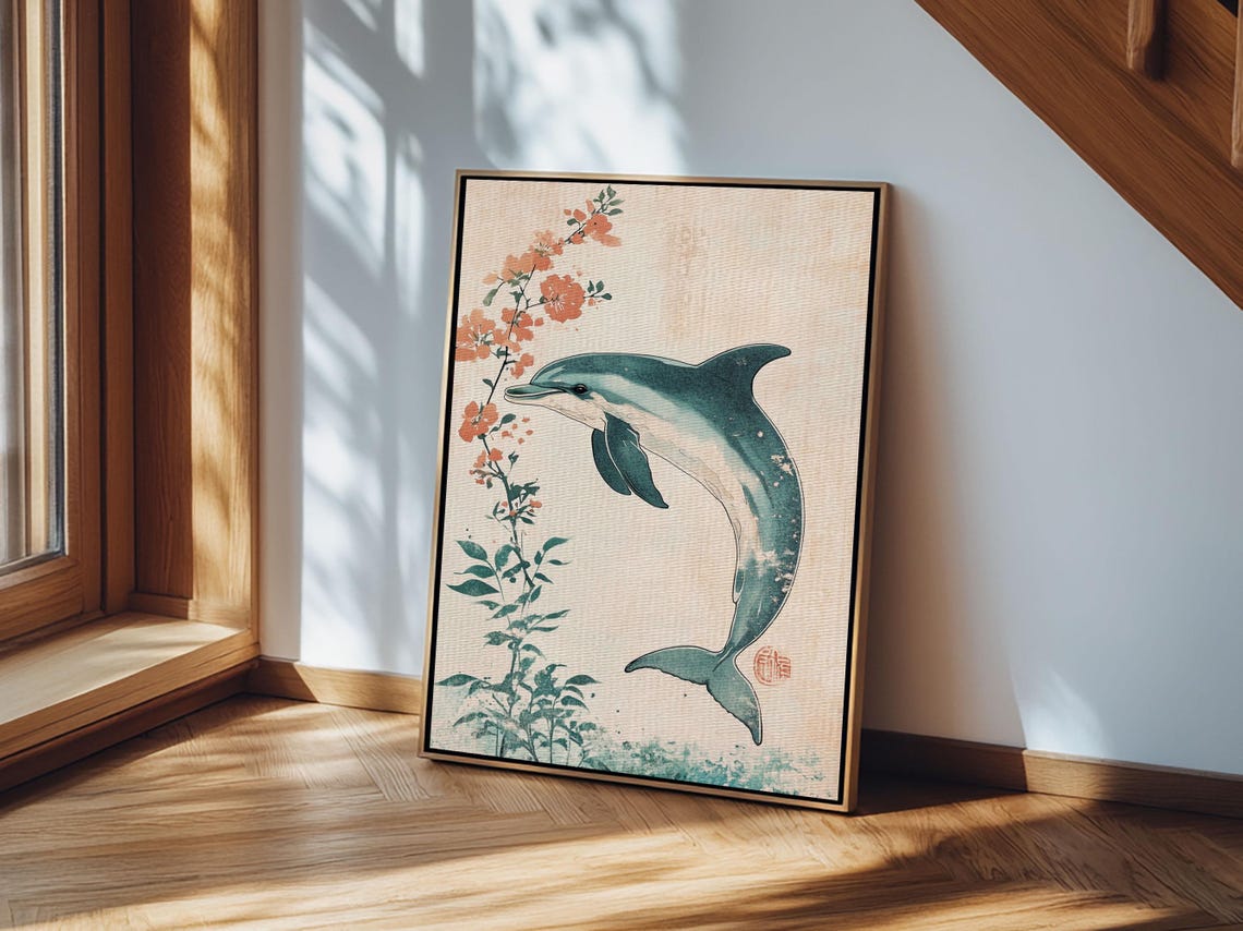 Japanese Dolphin With Cherry Blossoms Watercolor Style Animal Wall Art - Image 3