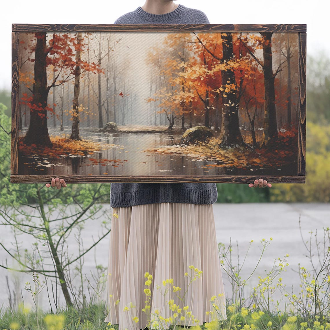 Autumn Forest Red Orange Trees Beside Still Pond Impressionist Poster - Image 2