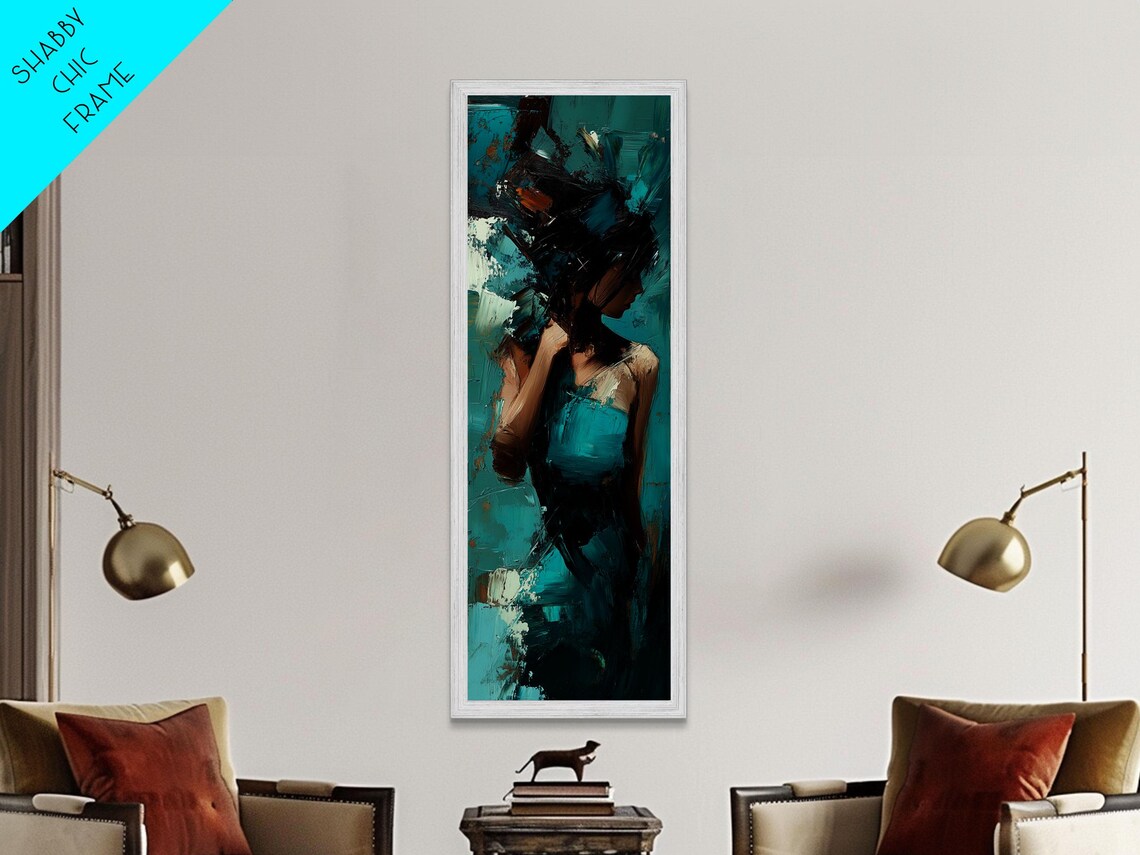 Moody Teal Woman Portrait Tall Vertical Abstract Brushstroke Art Poster - Image 2