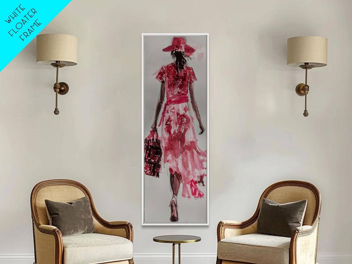 Fashion Illustration Watercolor Red Dress Walking Woman Vertical Art Poster - Image 6