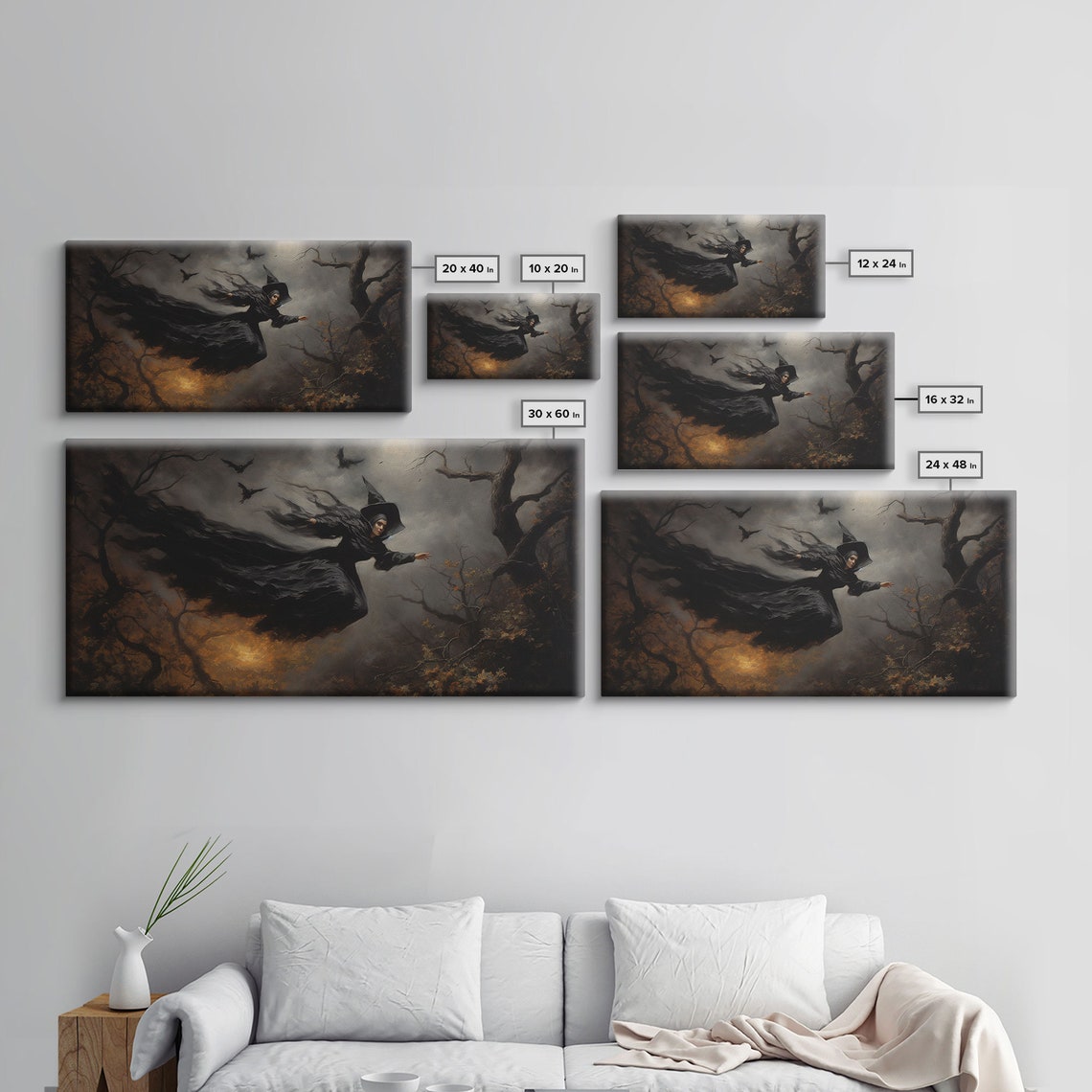Witch Flying On Broom Over Misty Forest Full Moon Halloween Poster - Image 2