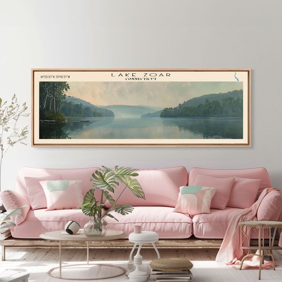 Lake Zoar Connecticut Framed Print Lake House Decor Panoramic Wall Art Travel Poster Landscape Painting Living Room Decor