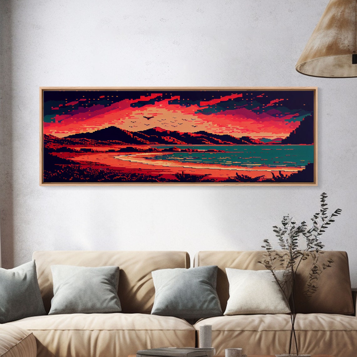Pixel Art Panoramic Sunset Red Mountains Teal Ocean Retro Game Poster - Image 4