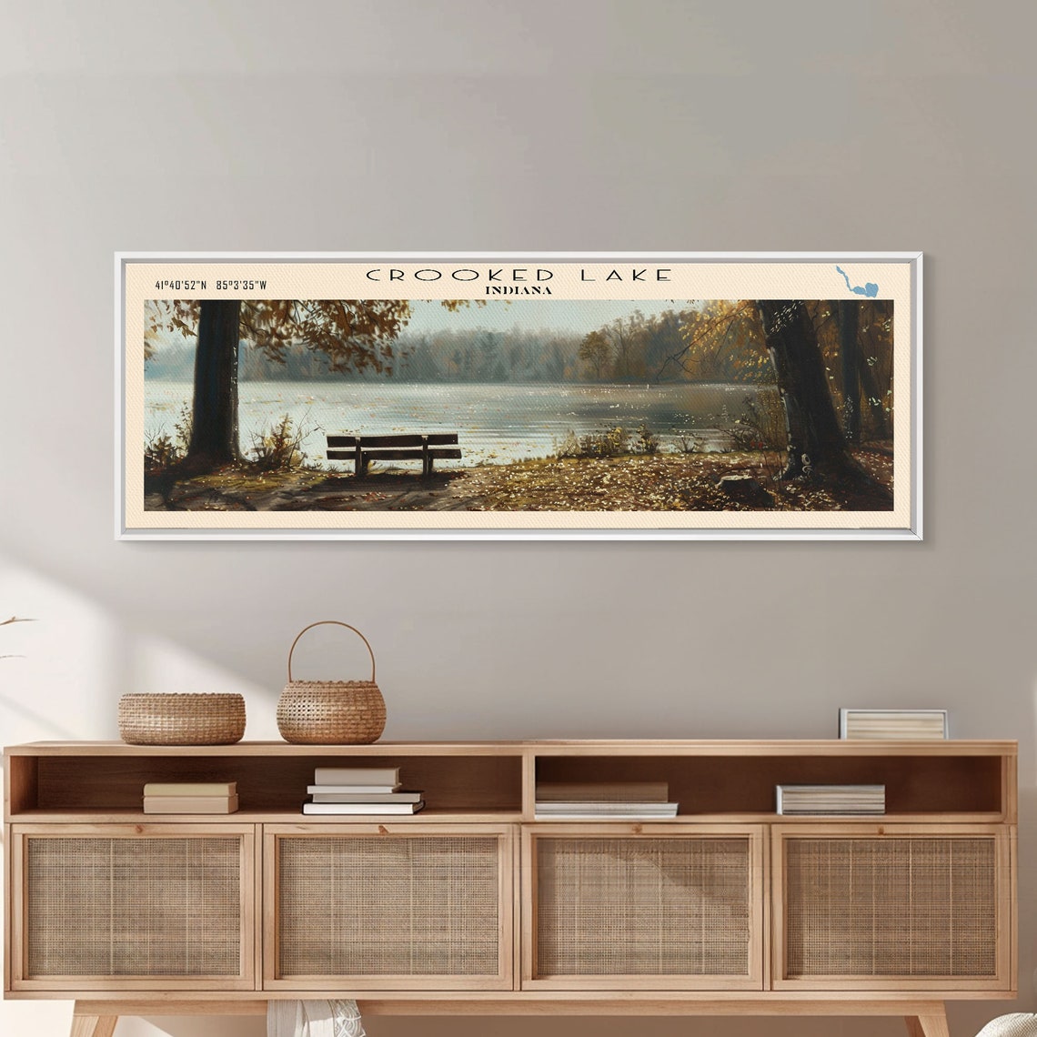 Crooked Lake Indiana Autumn Bench Fall Lakeside View Travel Poster