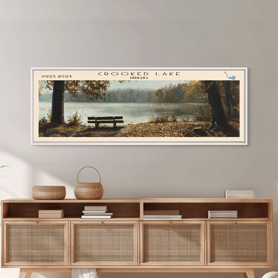 Crooked Lake Indiana Framed Print Panoramic Lake House Decor Wall Art Travel Poster Rustic Lake Painting Nature Art