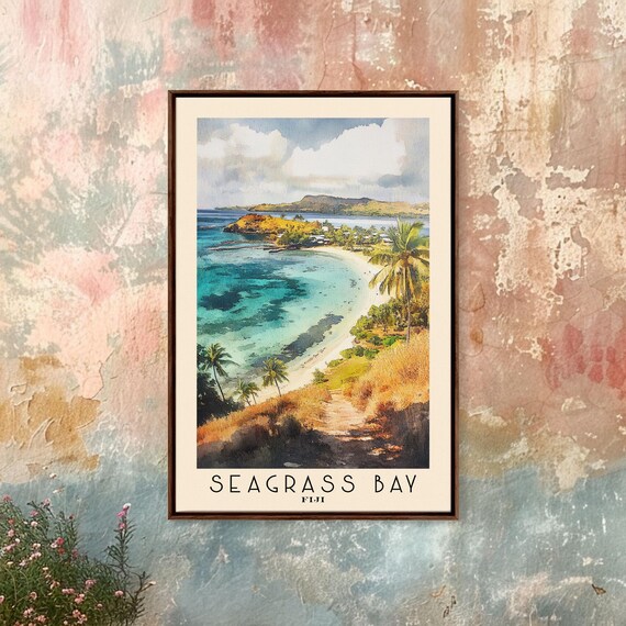 Seagrass Bay Fiji Coral Reef Turquoise Bay Aerial Palm Coast Travel Poster