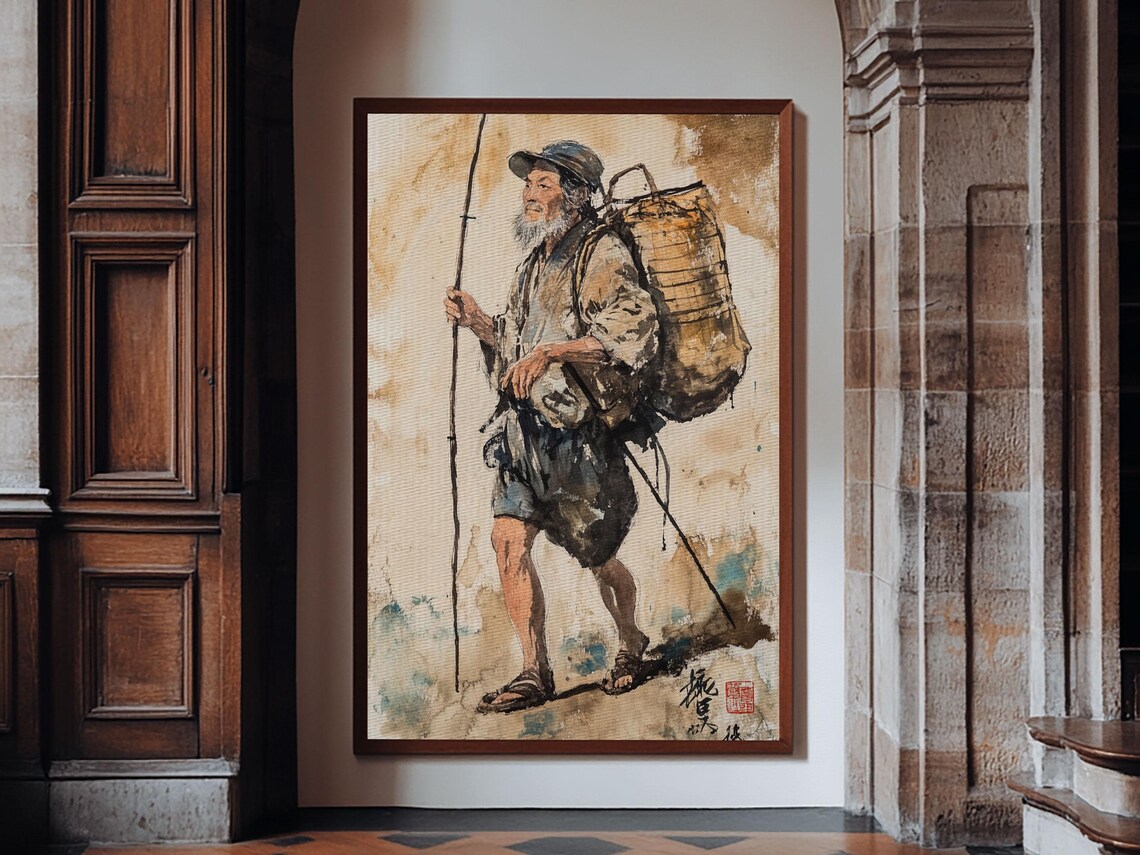 Elderly Japanese Fisherman With Basket Watercolor Portrait Art Print - Image 5