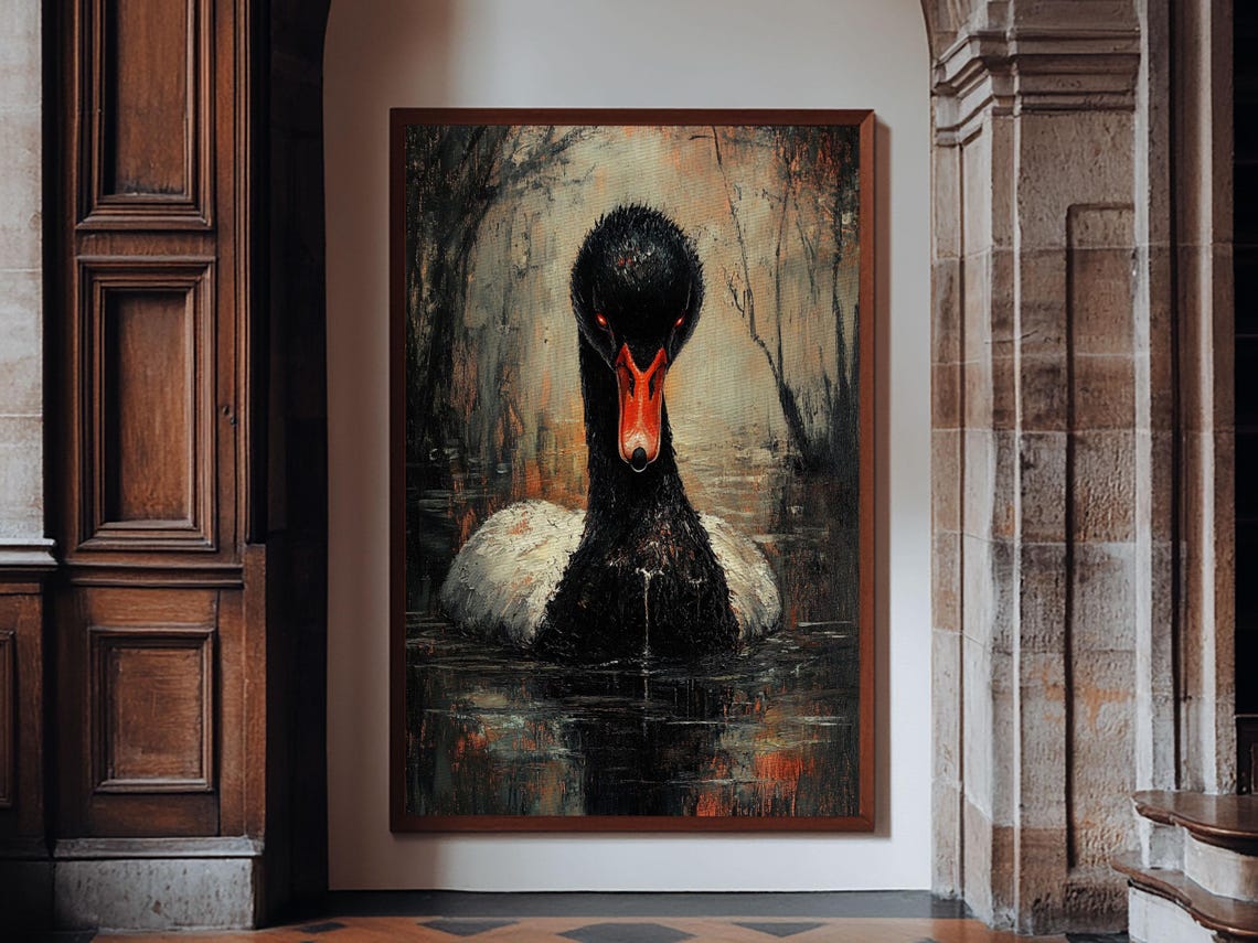 Dark Gothic Black Swan On Still Water Moody Oil Painting Poster - Image 4