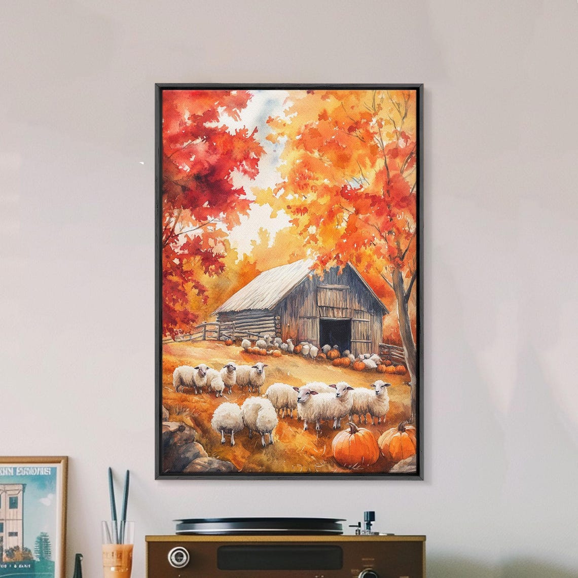 Sheep Farm In Fall With Pumpkins And Rustic Barn Scene Poster