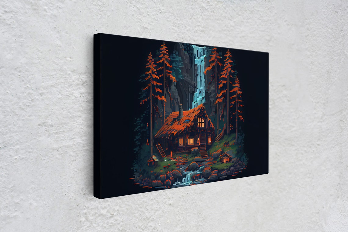 Secluded Log Cabin In The Woods With A Waterfall Behind It 8 Bit Pixel Art Framed Print - Image 4