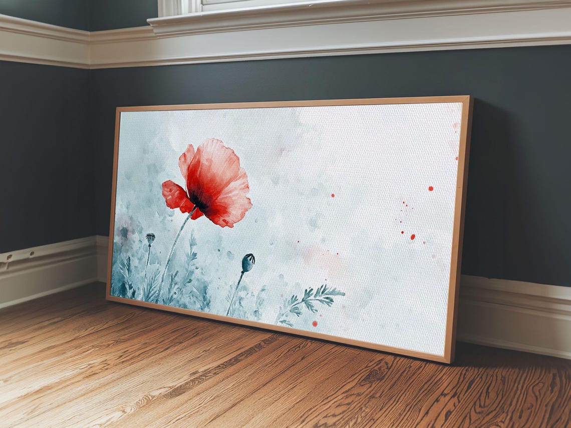 Single Red Poppy Watercolor Minimalist Floral Botanical Wall Poster