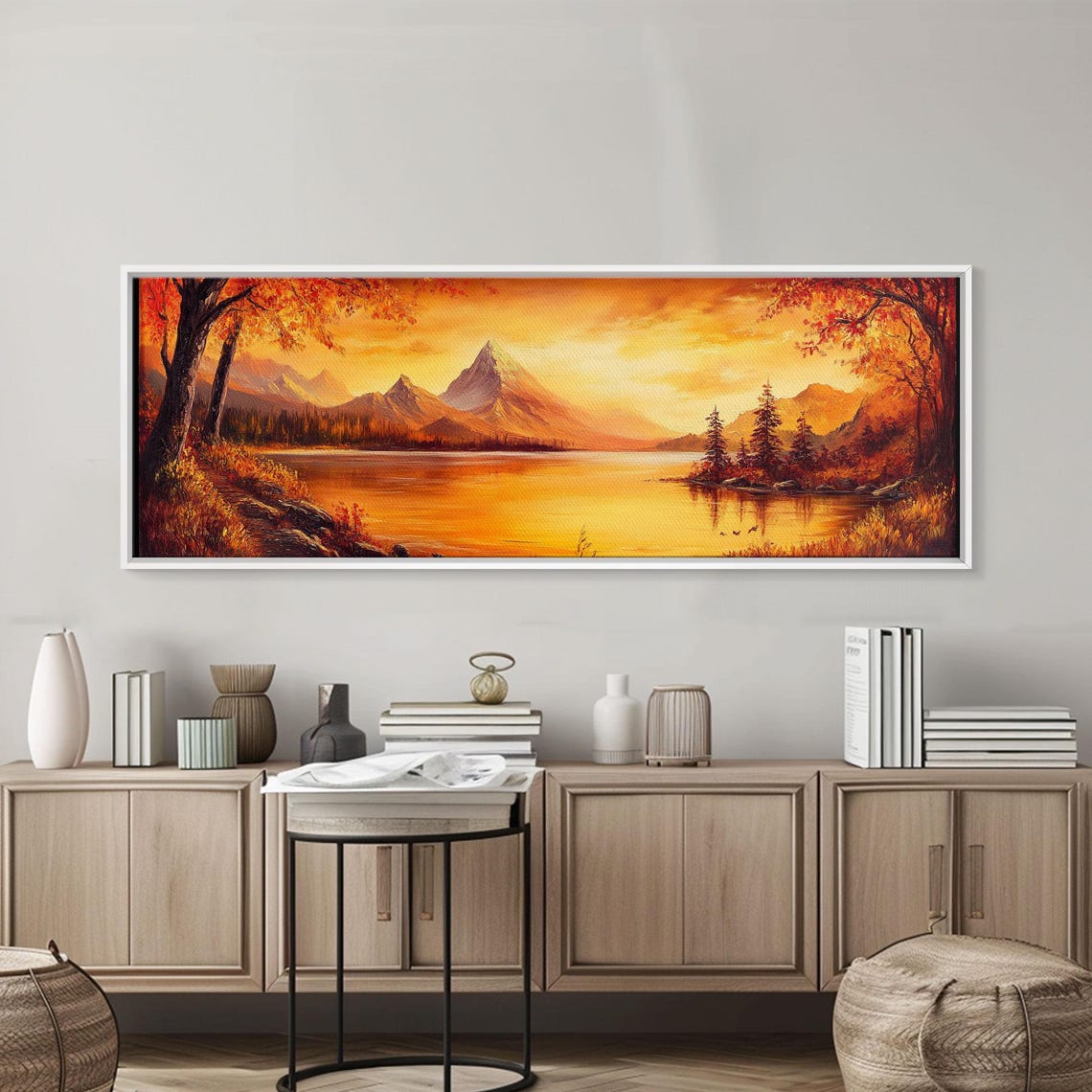 Golden Hour Autumn Lake Fiery Mountain View Oil Painting Poster - Image 2