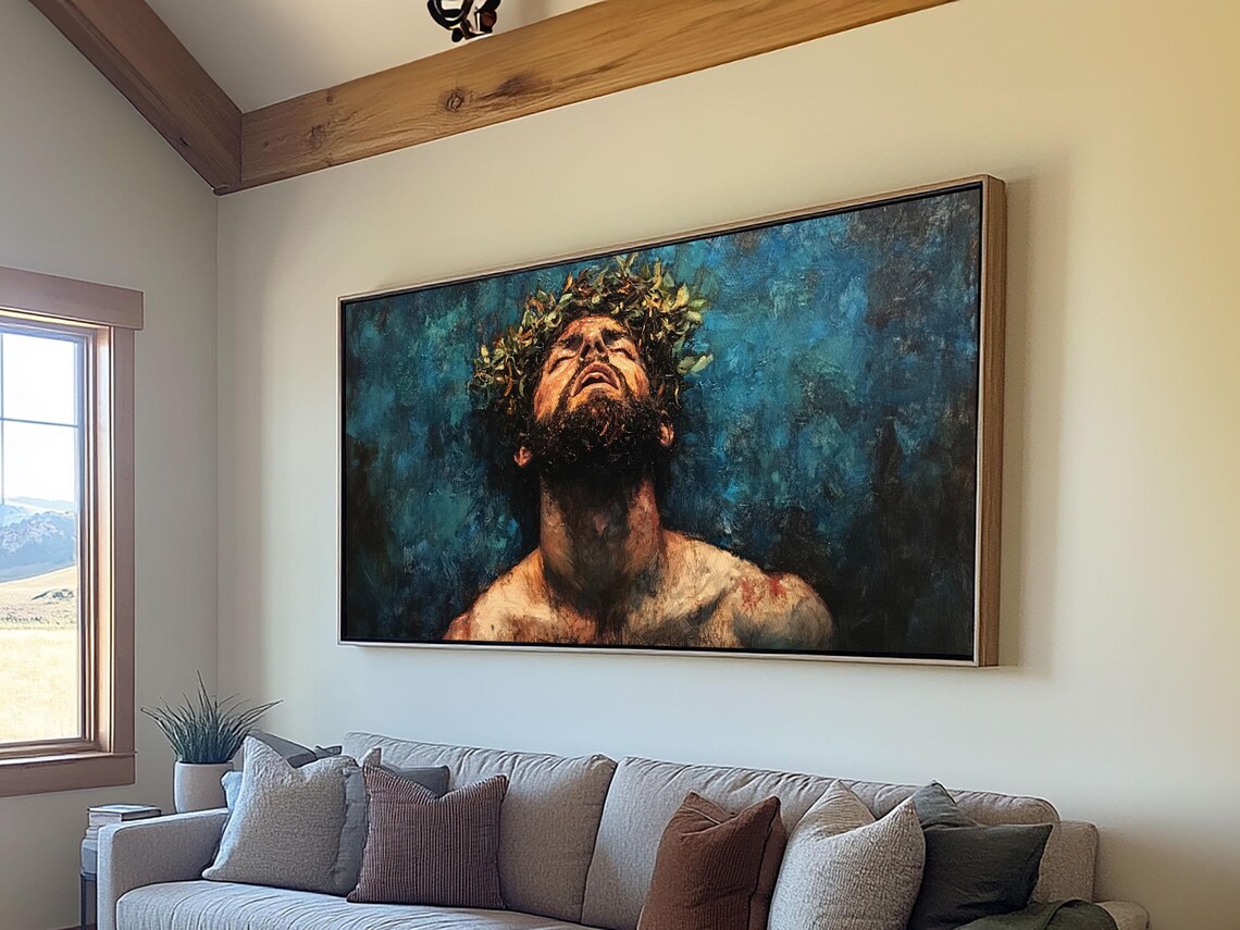 Jesus Christ Crown Of Thorns Portrait Looking Up Faith Devotion Wall Art - Image 5
