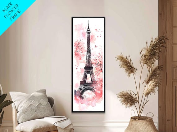 Eiffel Tower Wall Art Framed Print Cherry Blossom Painting Vertical Paris Decor Pink Dorm Art French Travel Inspired Gift