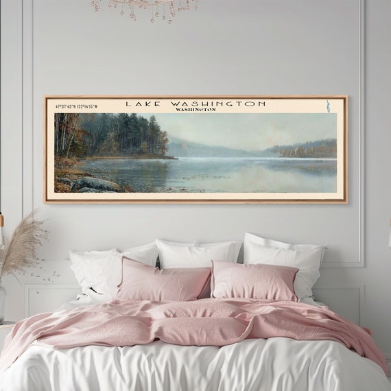 Lake Washington Washington Framed Print Lake House Decor Panoramic Wall Art Travel Poster Landscape Painting Living Room Decor