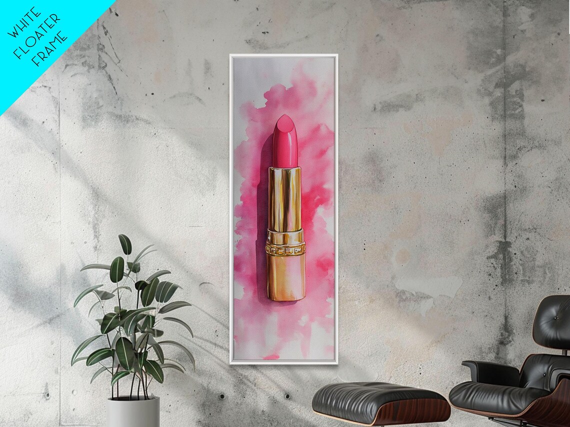Pink Lipstick Watercolor Painting Gold Tube Makeup Beauty Vertical Poster - Image 5