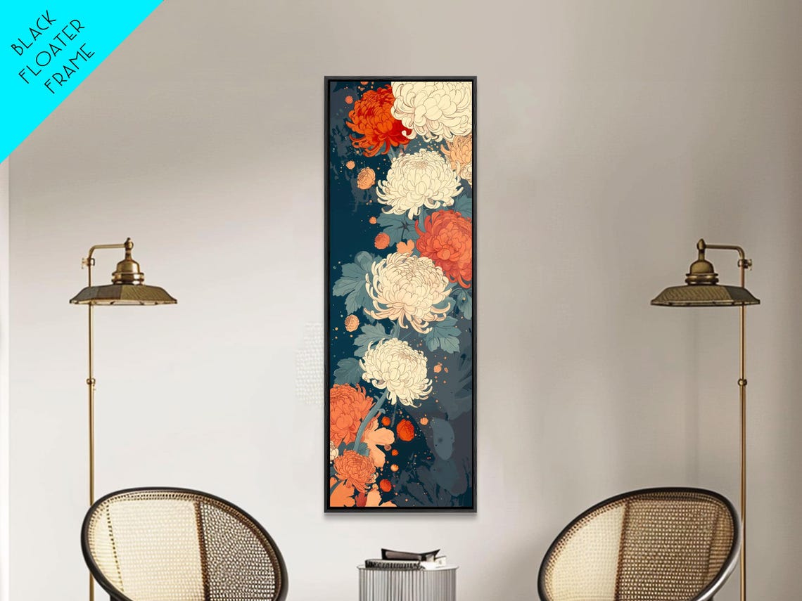 Blooming Chrysanthemums Rich Red Cream Dark Tall Floral Art Print - Image 2