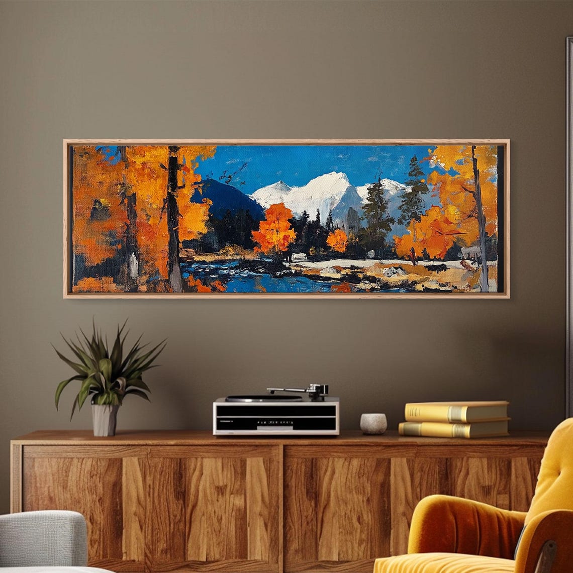 Fall Woodland Stream Golden Birches Snow Capped Mountain Poster - Image 4