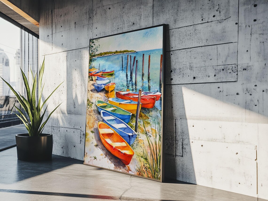Colorful Rowboats Shore Watercolor Pilings Boats Coastal Harbor Art Poster - Image 5