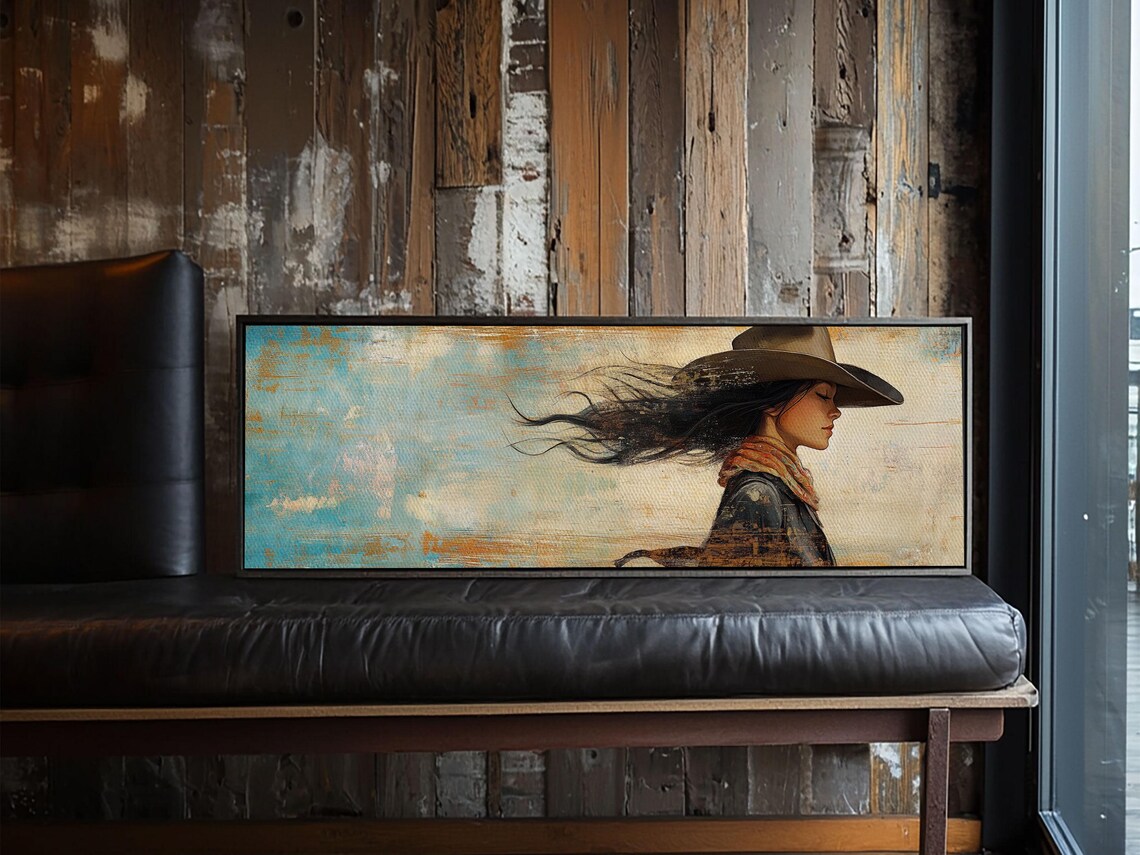 Cowgirl Portrait Flowing Hair Cowboy Hat Turquoise Sky Wall Poster - Image 3