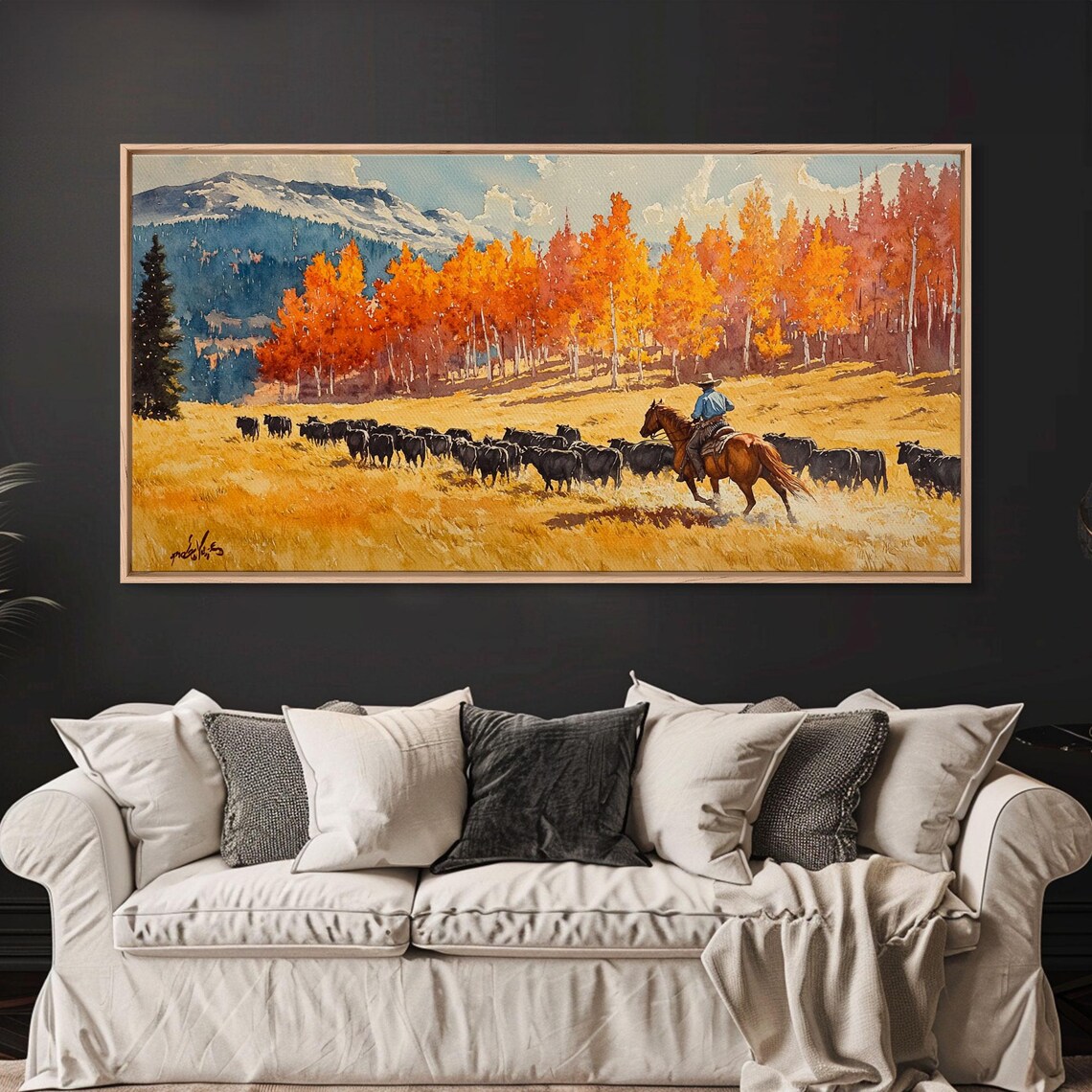 Cowboy Herding Cattle Under Mountains, Western Art Print - Image 5