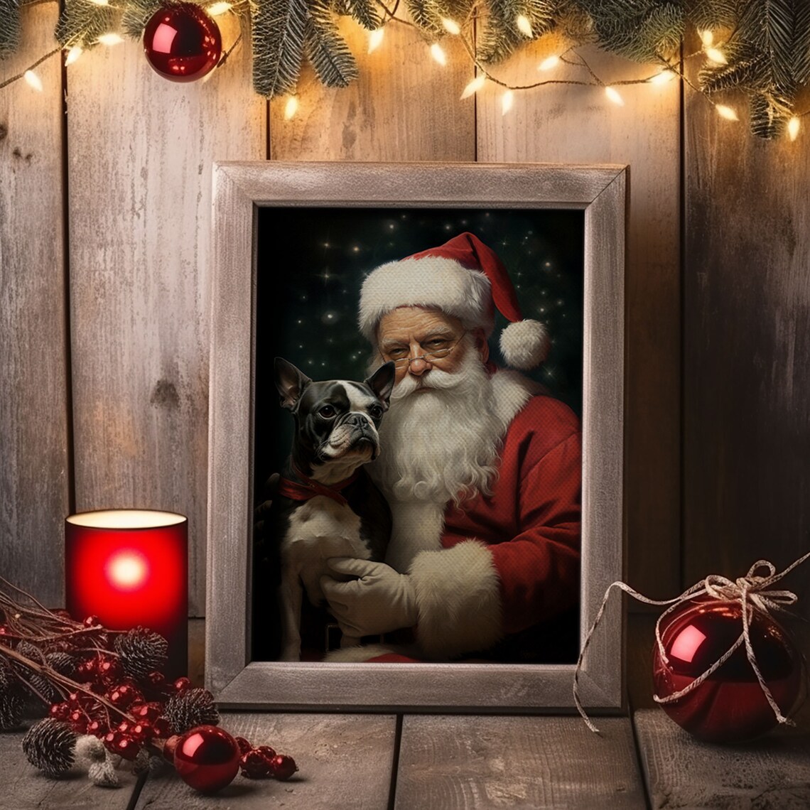 Santa Claus and Boston Terrier Christmas Art Print - Image 6