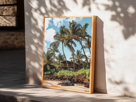 Tropical Beach House Print Hawaii Art Coastal Landscape Rustic Nautical Decor Seaside Living Room Framed Wall Art
