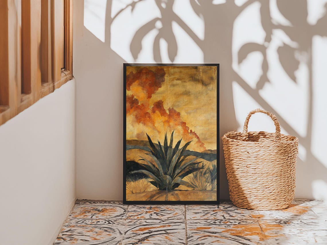 Agave In Desert Landscape Dramatic Sunset Southwestern Wall Art Print