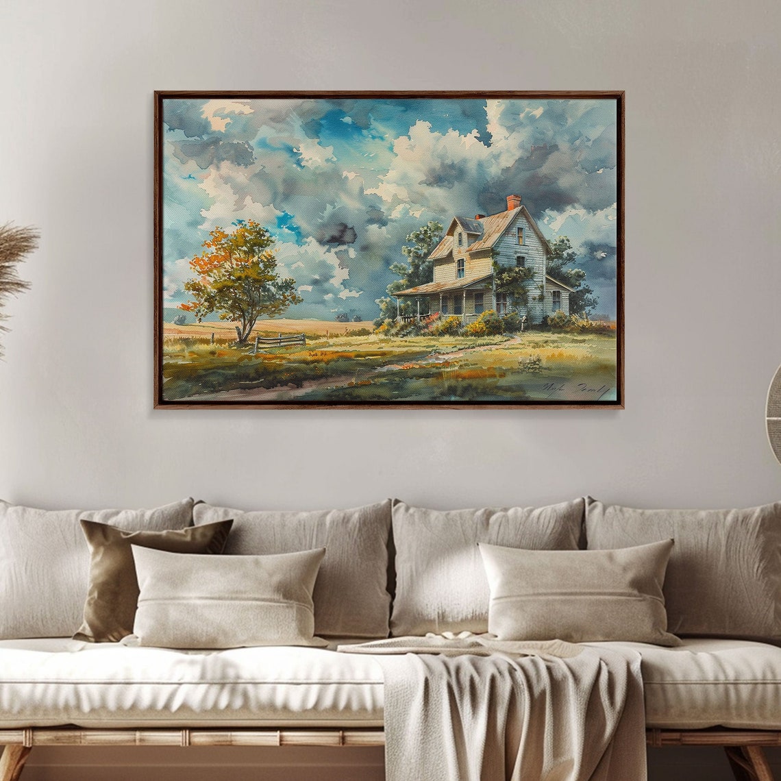 Farmhouse Under Dramatic Clouds Watercolor Autumn Tree Field Poster - Image 4