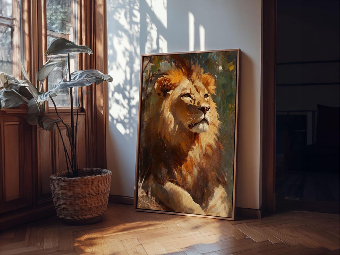 Regal Lion Portrait Oil Painting Warm Golden Wildlife Art Print - Image 4