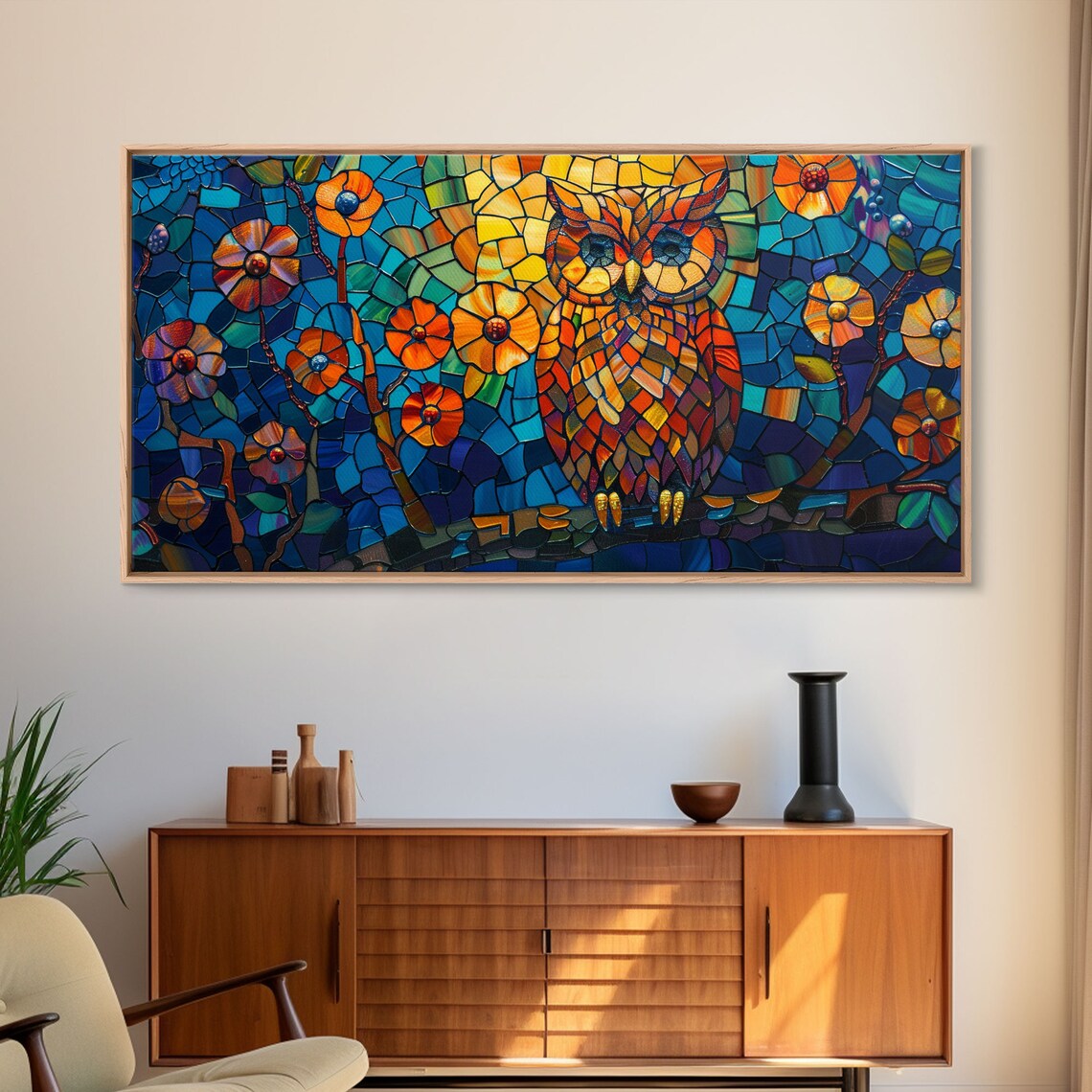 Stained Glass Owl Orange Branch Mosaic Blue Night Blooms Art Poster - Image 6