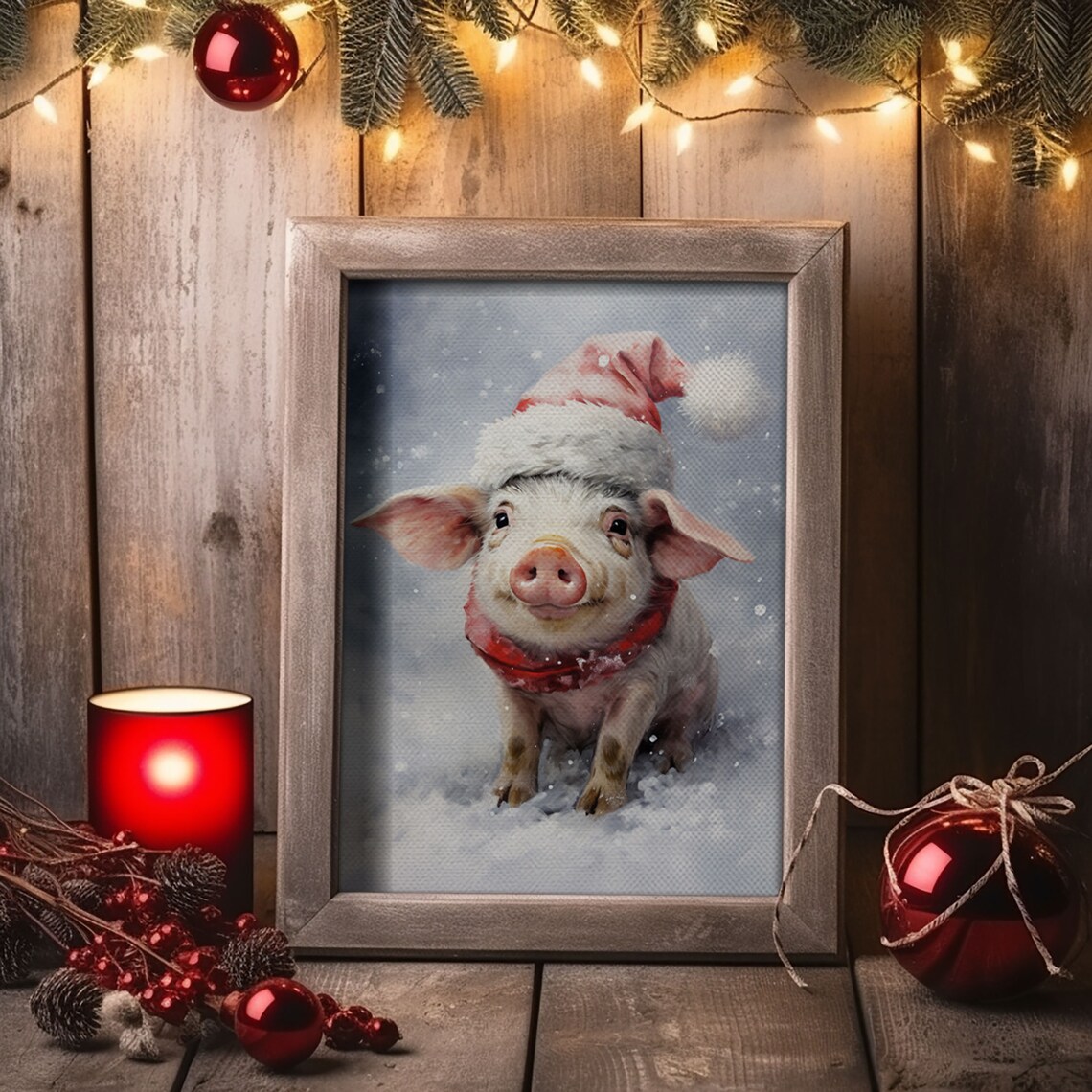 Christmas Pig in a Santa Hat, Vintage Farmhouse Art Print - Image 6