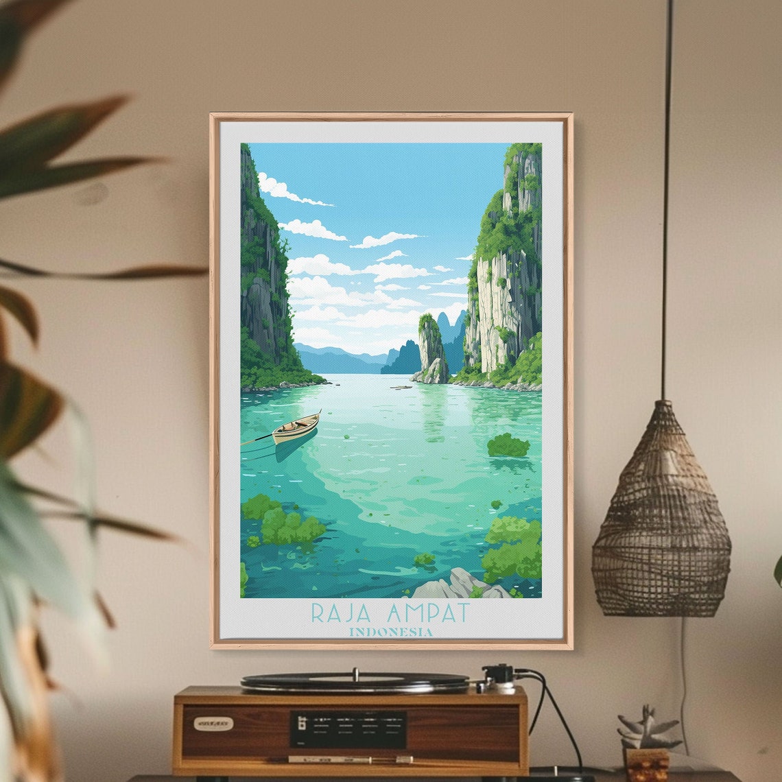 Raja Ampat Indonesia Turquoise Lagoon Karst Cliffs Boat Vintage Poster - Image 2