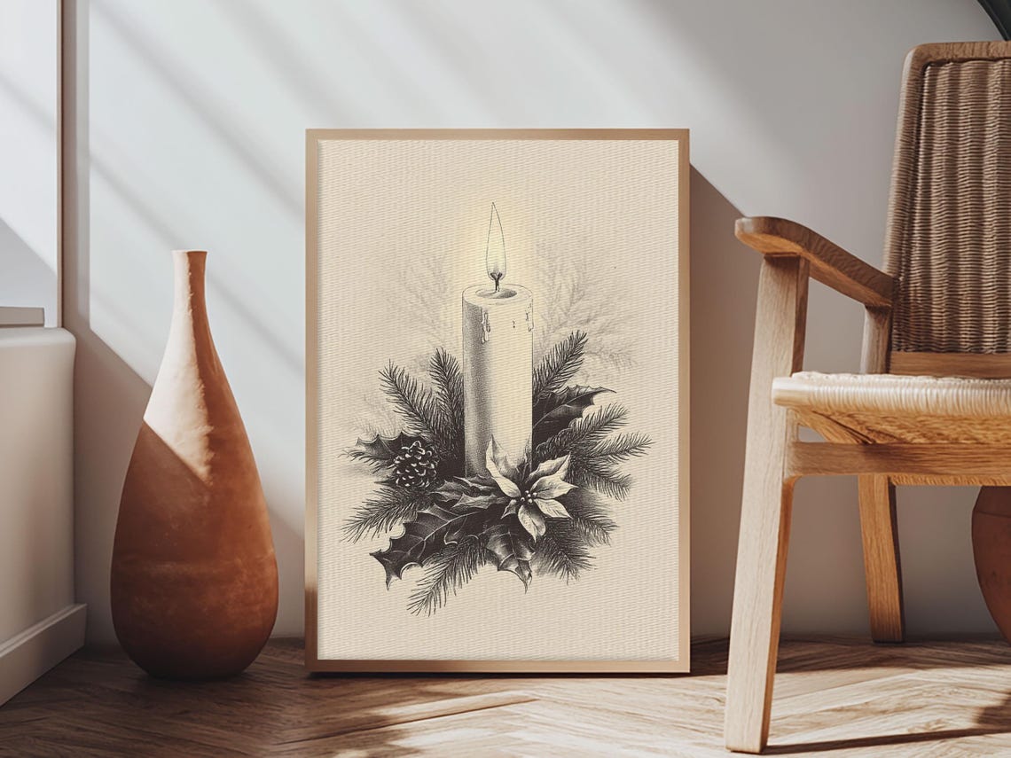 Lit Christmas Candle With Holly and Pine Vintage Sketch Holiday Poster - Image 4