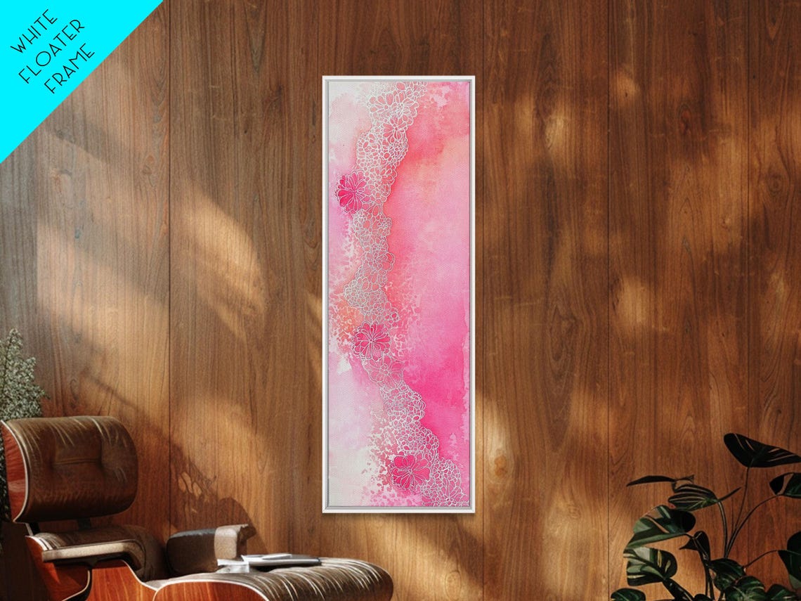 Pink Abstract Watercolor White Lace Floral Detail Vertical Wall Art - Image 3