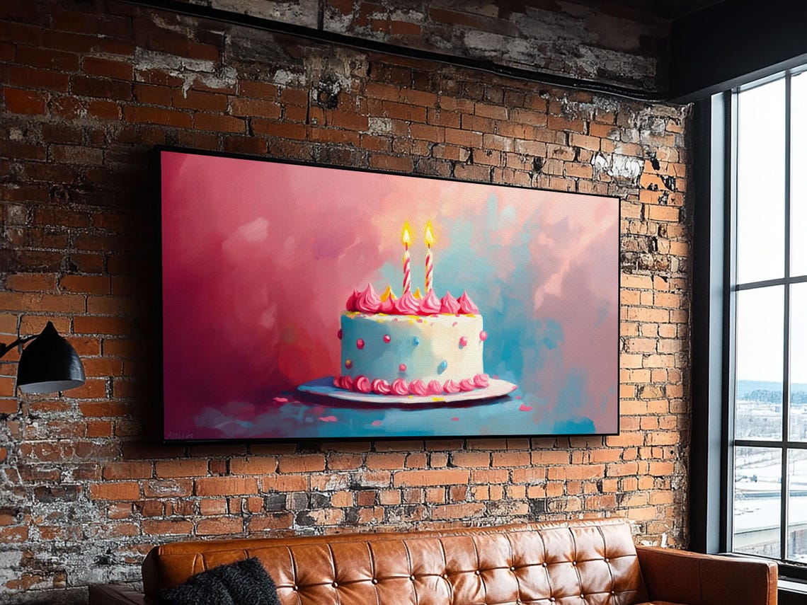 Pink Birthday Cake With Lit Candles Painting Preppy Kitchen Poster