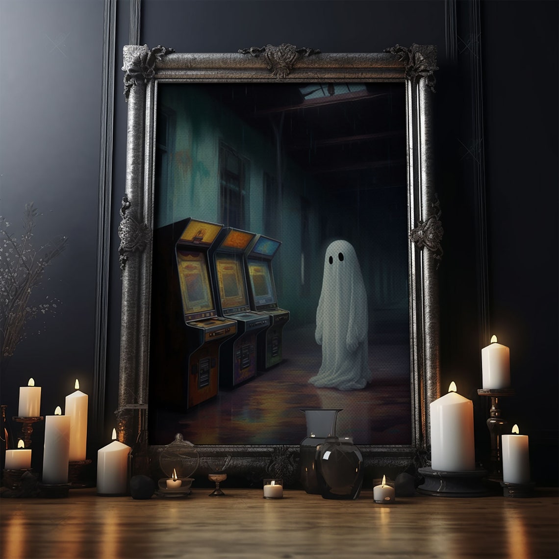 Ghost In Abandoned Arcade Among Retro Game Machines Dark Wall Art - Image 4