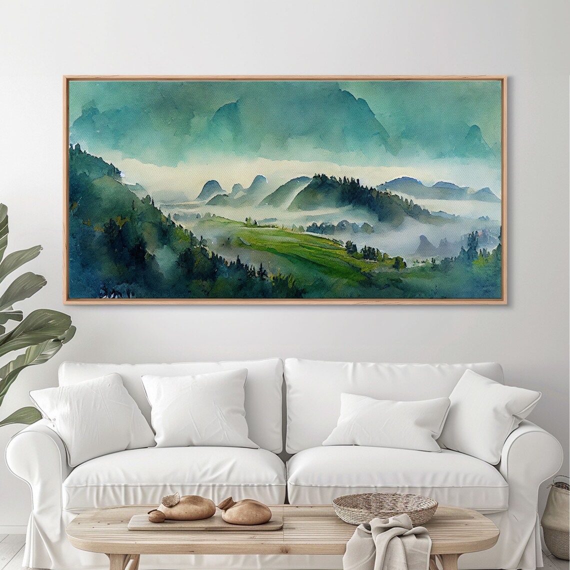 Blue Green Mountain Valley Watercolor Art Print