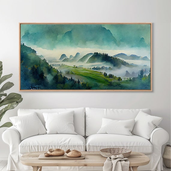 Blue Green Mountain Valley Watercolor Art Print